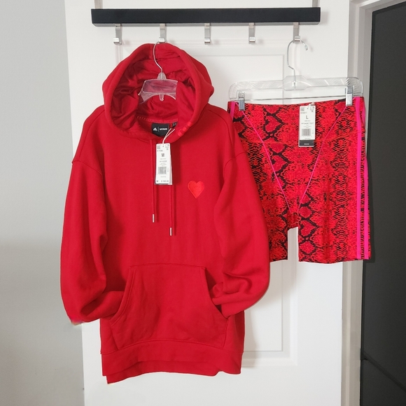 NWT Adidas x Ivy Park Heart Hoodie, Power Red & Allover Hearts Shorts, Red/Black - Picture 1 of 6